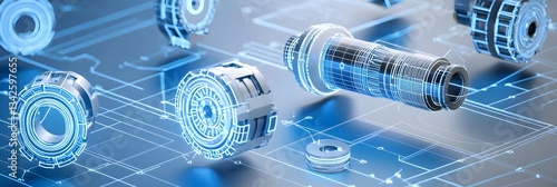 Detailed schematic blueprint of complex industrial parts and components with glowing digital outlines and sleek metallic finishes showcasing advanced engineering and technological innovation