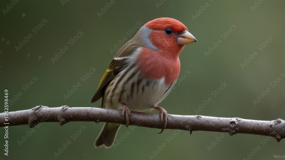 A small bird with a vibrant red head perched on a branch A small bird with a vibrant red head perched on a branch