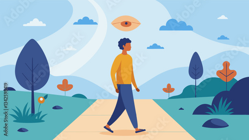 A mindfulness walk that encourages you to notice the present moment from the sights and sounds to the sensations in your body.. Vector illustration