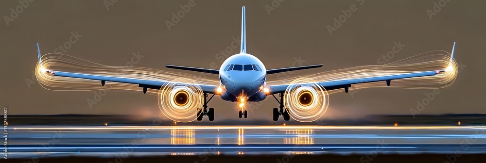 Dramatic silhouette of an airplane with dynamic light trails and motion effects against a dark background creating a futuristic and abstract visual impression of air travel at night
