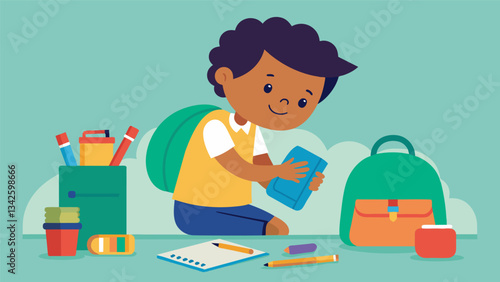 Slowly but surely the child packs their backpack with all the necessary supplies for a successful school day from pens and erasers to a calculator and ruler.. Vector illustration