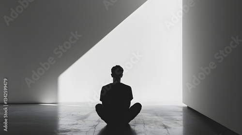 Contemplative Man Meditating in Minimalist White Room Silence and Solitude Stock Image