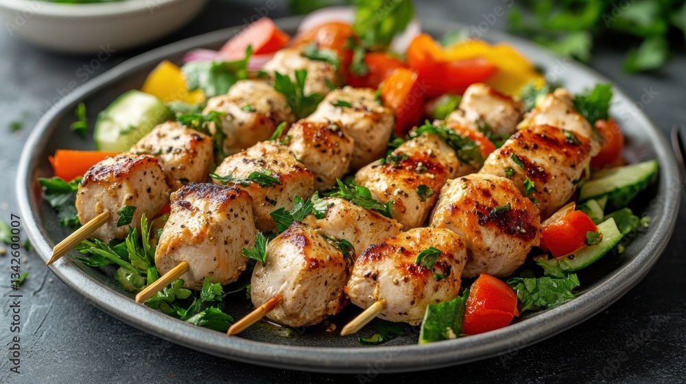 A symphony of flavors: tender chicken skewers marinated in a vibrant blend of herbs and spices, nestled alongside a refreshing salad of crisp vegetables, a low-carb keto masterpiece. A symphony of flavors: tender chicken skewers marinated in a vibrant blend of herbs and spices, nestled alongside a refreshing salad of crisp vegetables, a low-carb keto masterpiece.
