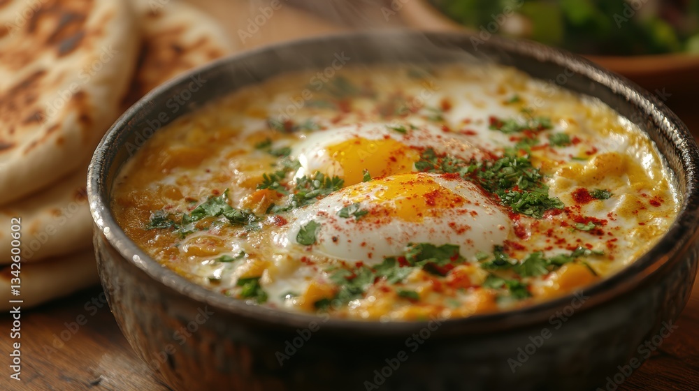 A steaming bowl of Cilbir, the vibrant Turkish egg dish, served alongside fluffy, warm pita bread, a perfect culinary symphony of flavors and textures. A steaming bowl of Cilbir, the vibrant Turkish egg dish, served alongside fluffy, warm pita bread, a perfect culinary symphony of flavors and textures.