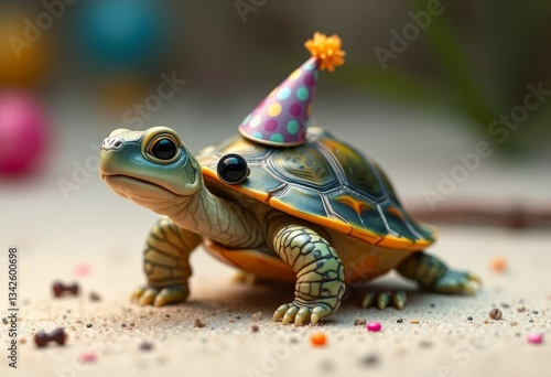 Cute Turtle with Birthday Hat on Sand Celebrating Party
