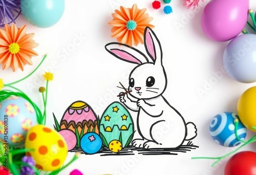 Cute Easter Bunny Decorating Eggs Spring Holiday Celebration on White Background