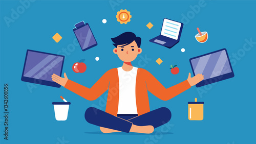A cartoon image of a person juggling multiple devices and struggling to keep them all in the air representing the overwhelming feeling of constant screen usage.. Vector illustration