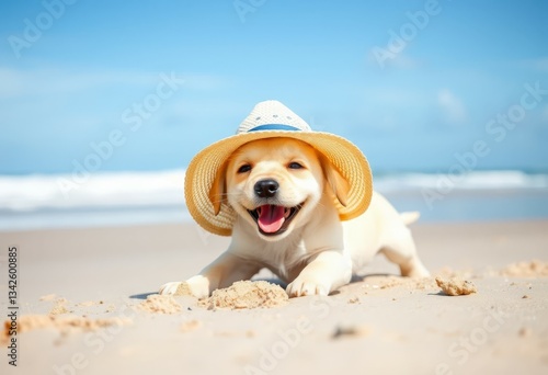 Happy Puppy Wearing Hat Lying on Beach with Ocean Background
