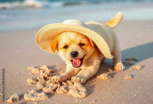 Happy Puppy Wearing Summer Hat Playfully Digging in Sand at Beach