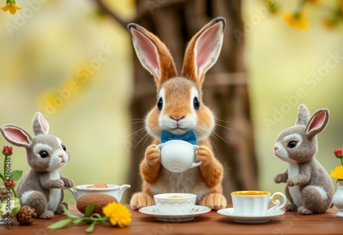 Rabbit Tea Party Three Bunnies Holding Teacups at Outdoor Table