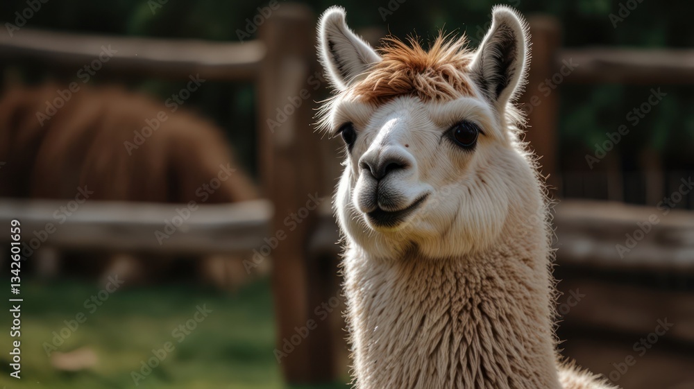 Obraz premium Close-up of a fluffy llama in a natural setting. The llama is light beige with brown highlights on its head and ears, and appears to be alert and curious. Out-