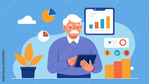 An individual planning for retirement utilizes a personal finance app that uses realtime market data to make investment suggestions.. Vector illustration