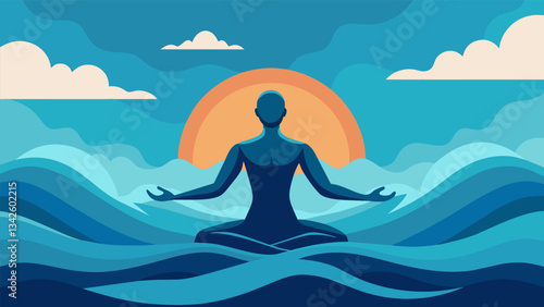 A figure stands kneedeep in the ocean their arms outstretched and palms open as they absorb the soothing energy of the ocean waves through meditation.. Vector illustration