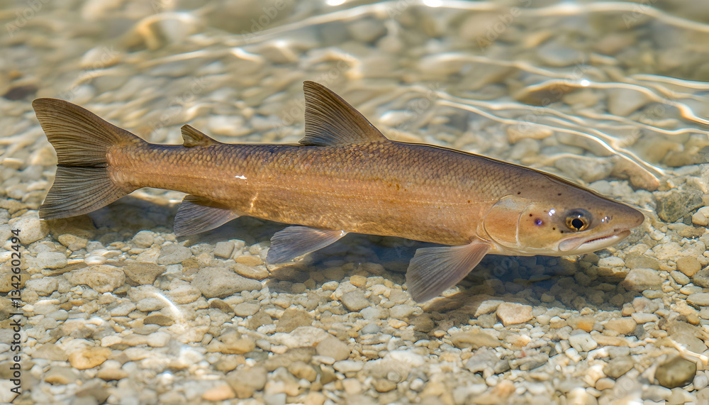 Fototapeta premium A brown trout swims in a shallow, clear stream bed over a rocky river bottom.