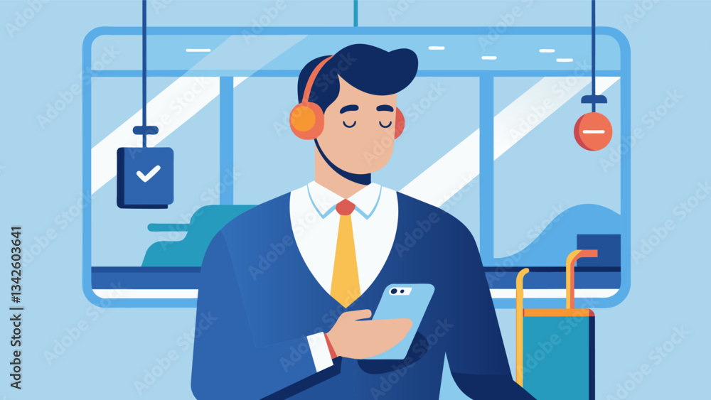 A busy professional using a biofeedback app on their phone during their commute to work learning to decrease muscle tension and feel more focused and calm.. Vector illustration A busy professional using a biofeedback app on their phone during their commute to work learning to decrease muscle tension and feel more focused and calm.. Vector illustration