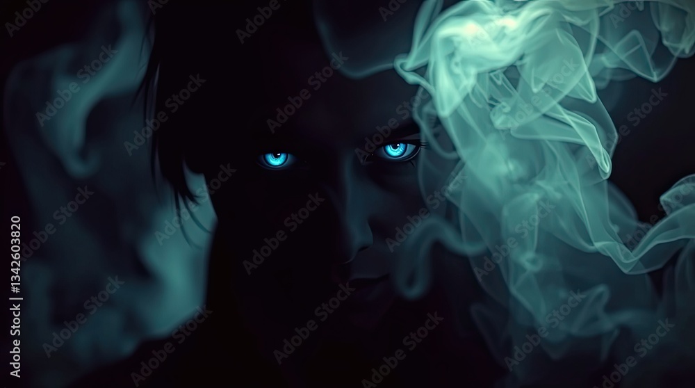 A figure emerges from the darkness with striking blue eyes that pierce through the dense swirling smoke creating a mysterious and eerie vibe at night A figure emerges from the darkness with striking blue eyes that pierce through the dense swirling smoke creating a mysterious and eerie vibe at night