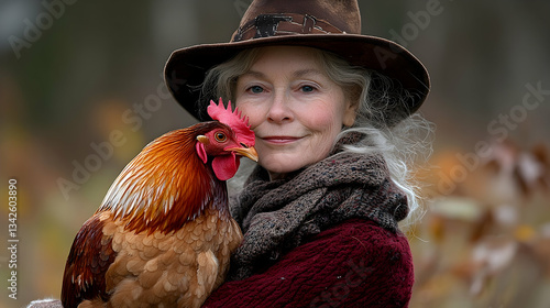 Woman in a hat holding a colorful chicken in a serene outdoor setting with autumn foliage