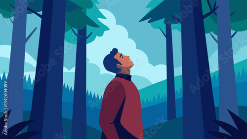 A man gazing up in awe at the towering trees above him feeling a sense of smallness and humility in the vastness of the forest.. Vector illustration