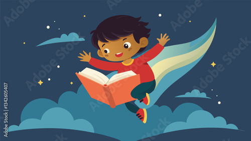 The rustling of pages can be heard as the child excitedly turns each one engrossed in a thrilling adventure book.. Vector illustration