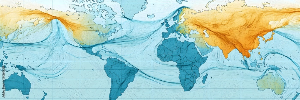 Fototapeta premium This image depicts a visualization of worldwide weather patterns showcasing the dynamic movement of jet streams and the distribution of heat across the planet s surface