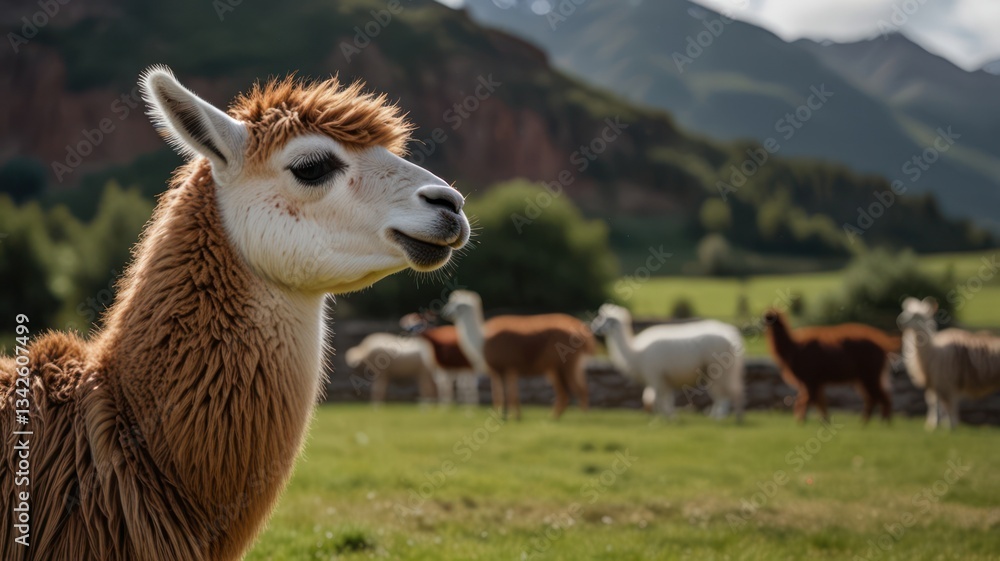 Obraz premium A llama in a grassy field with mountains in the background
