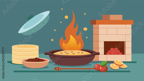The aroma of freshly cooked flour tortillas and simmering beans wafting from a small restaurant indicating a delicious baleada is being made.. Vector illustration