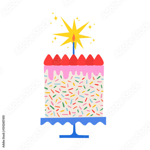 Colorful celebration cake with candles, frosting, cream, sparkles, and sprinkles. Isolated design elements. Design perfect for greeting cards, invitations, digital art, and decorations.
