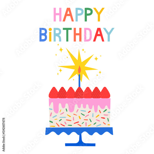 Colorful birthday cake with candles, frosting, cream, text, and sprinkles. Isolated design elements. Design perfect for greeting cards, invitations, digital art, and decorations.