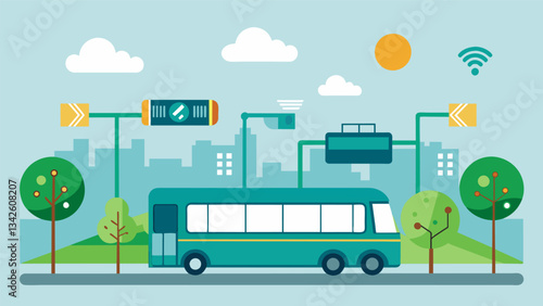 An environmental monitoring system installed on buses and trains using data on air quality and pollution levels to track the impact of public transport on the environment.. Vector illustration