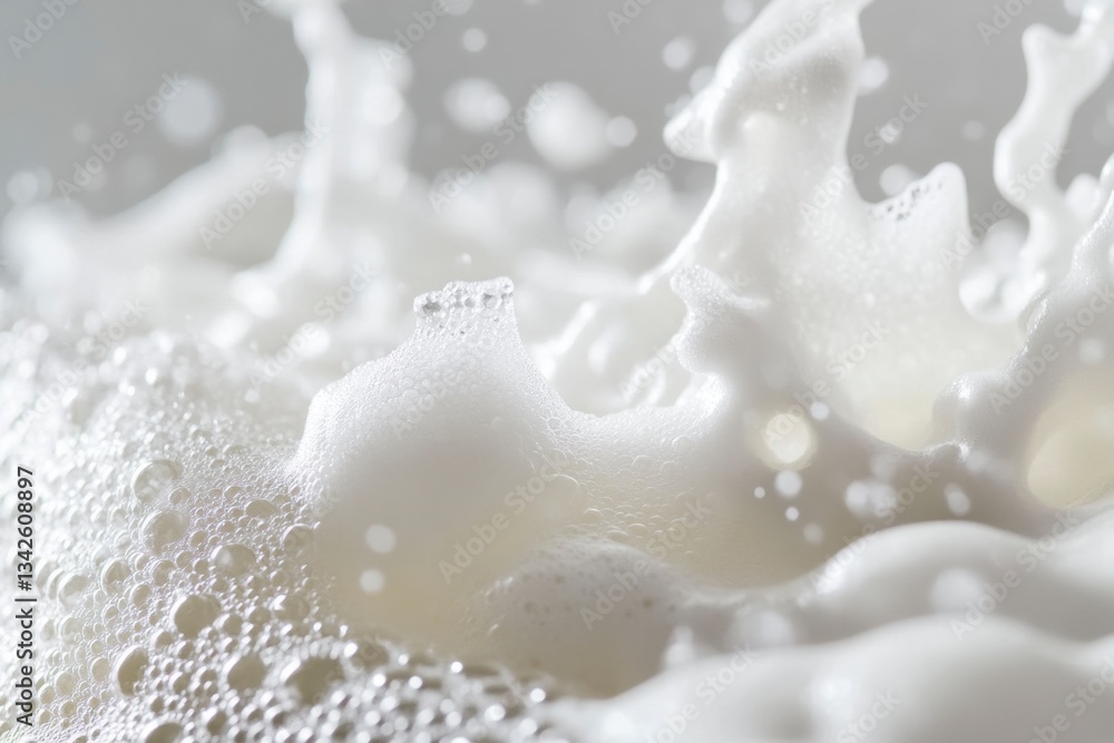 Milk Splash: Dynamic white liquid texture with foaming surface, drops, and a blurred background for natural food concept Milk Splash: Dynamic white liquid texture with foaming surface, drops, and a blurred background for natural food concept