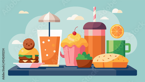 A trendy brunch bar featuring a variety of flad iced teas and freshly baked muffins and danishes perfect for a quick refreshment.. Vector illustration