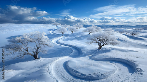 Scenic Winter Landscape with Winding Path and Frost-Covered Trees Under a Blue Sky photo