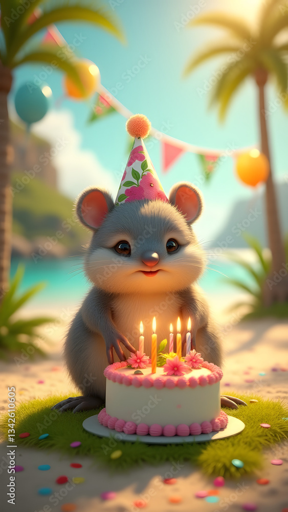 Fototapeta premium An adorable hutia in a floral hat celebrates a birthday with a tropical cake, lit candles, and colorful decor in a sunny island setting.