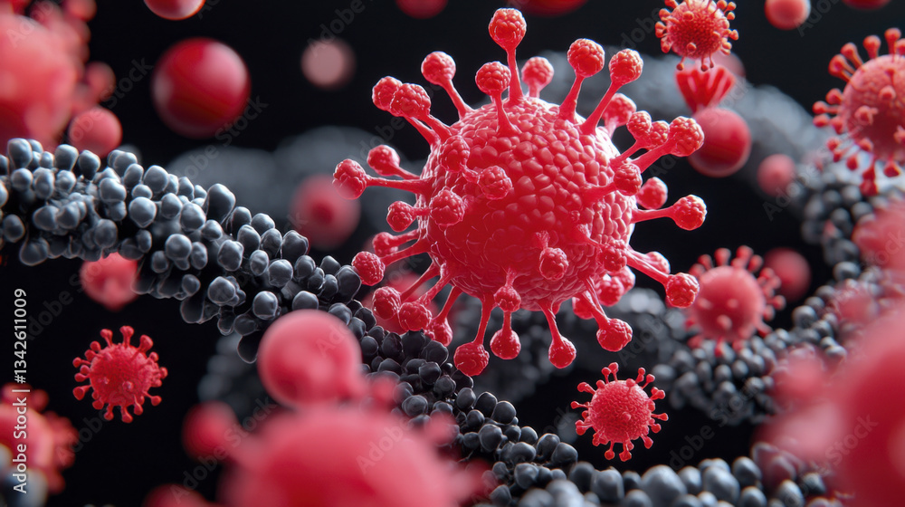 3D illustration of virus structure with red spikes, representing infection and disease spread in microscopic view 3D illustration of virus structure with red spikes, representing infection and disease spread in microscopic view