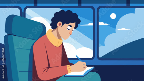 A commuter writes in a gratitude journal during their bus ride reflecting on all the things they are thankful for in their life.. Vector illustration