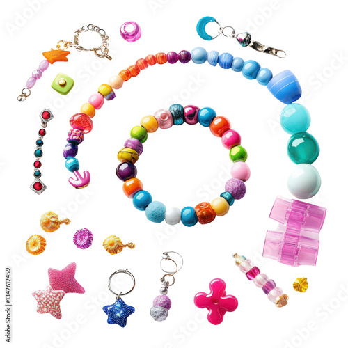 Vibrant, colorful bead collection: necklace, bracelet, earrings, keychains. Arts, crafts, and jewelry making supplies on black. isolated on transparent background
