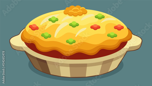 A tasty twist on the classic shepherds pie with a puff pastry crust enveloping a filling of savory ground turkey mixed vegetables and a creamy mashed. Vector illustration