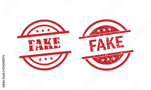 "fake" rubber stamp. "fake" Warning stamp seal in circle shape. fake rubber seal stamp, red rounded. fake text written on red stamp.