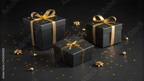 Three black gift boxes with golden ribbons and confetti on a dark background in a studio setting