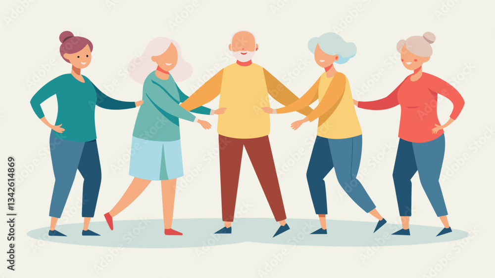 Fototapeta premium A group of seniors standing in a circle and holding hands doing a synchronized cooldown stretch after their Silver Generation aerobics workout.. Vector illustration