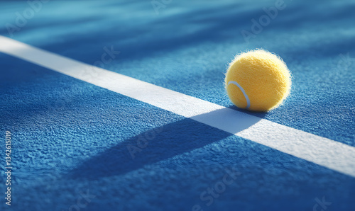 A single furry yellow tennis ball lies on a blue tennis court, near the white lines marking the court. Generative AI