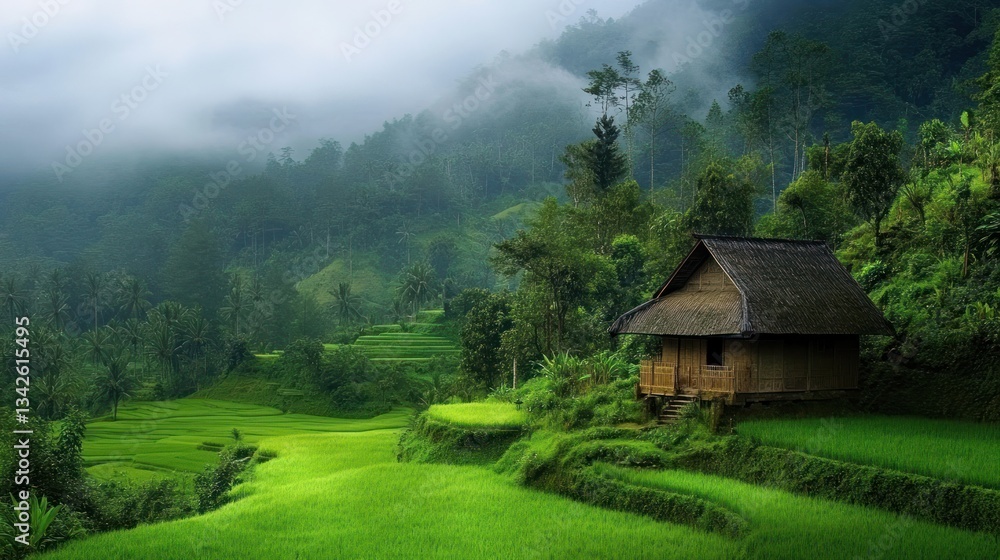 Fototapeta premium Tranquil mountain village nestled in lush green rice paddies. Misty hills and forests surround a traditional wooden hut