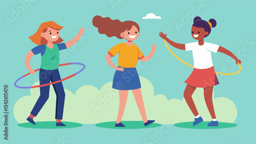Students testing their coordination and balance in a hula hoop race.. Vector illustration