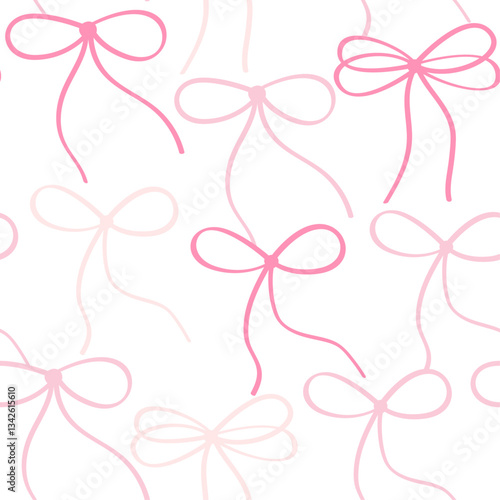 Coquette pink bows doodle rawing seamless pattern. Vector design for fabric, wallpaper or wrapping paper.

