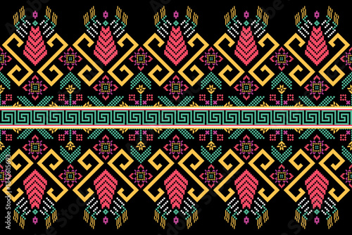 Cross stitch pattern concept showcasing traditional ethnic geometric pattern, Design for textile, background,carpet,wallpaper,clothing,wrapping,Batik,fabric,Vector illustration	
