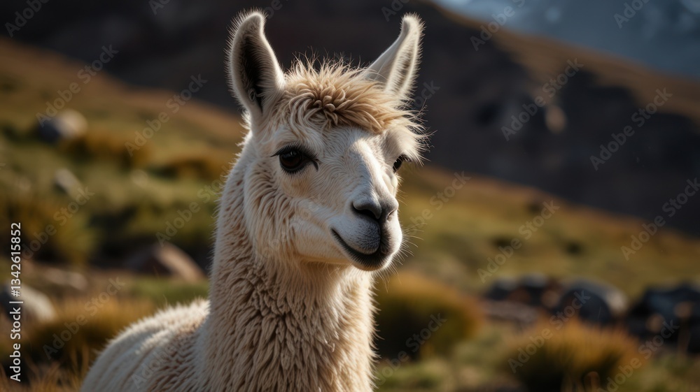 Obraz premium Fluffy, white alpaca in mountainous terrain