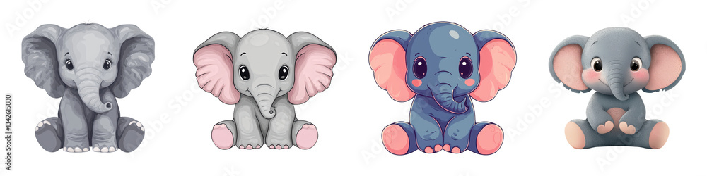 Fototapeta premium A collection of cute cuddly baby elephant plush toys in a variety of whimsical sitting poses with friendly endearing expressions