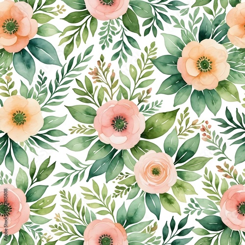 Wallpaper Mural A seamless watercolor floral background with soft pastel flowers and green leaves, elegant and delicate design. Torontodigital.ca
