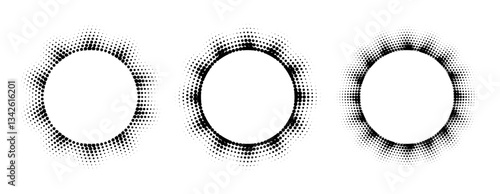 Black halftone circle frame set. Dotted round gradient border collection. Pop art comic dot picture holder design for banner template, copy space, emblem, poster element. Vector rasterized wavy frames