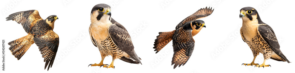 This image depicts several species of falcons including the peregrine falcon in various poses and settings The birds are shown in mid flight perched This image depicts several species of falcons including the peregrine falcon in various poses and settings The birds are shown in mid flight perched